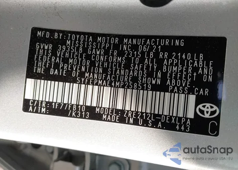 2021 Toyota Corolla Le из США, поврежденный, VIN 5YFEPMAE4MP258519